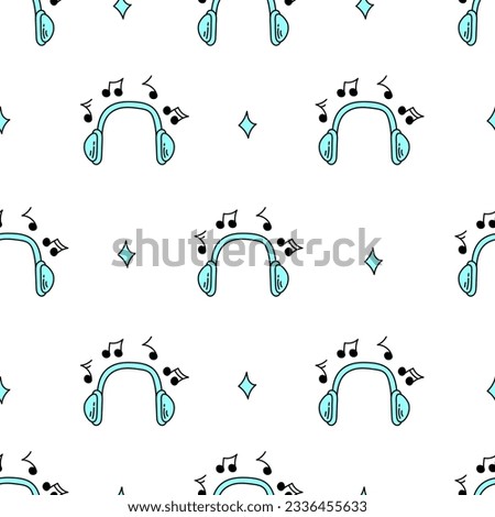 Music seamless pattern with doodle headphones. Cartoon style sketch earphones background with musical notes. Hand drawn repeat vector illustration. 