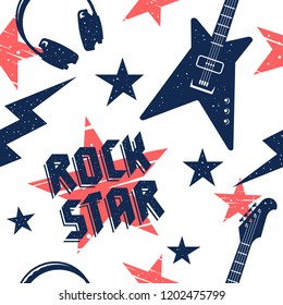 Music Seamless Pattern. Endless Vector Background With Rock Music Attributes And Simbols