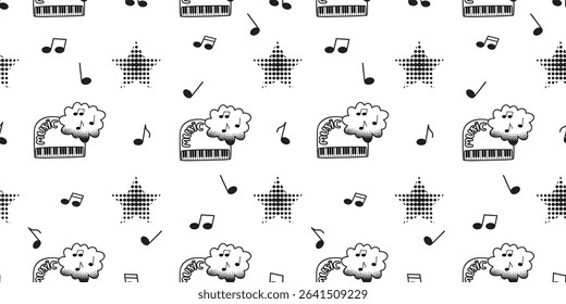 Music seamless pattern with graphic piano, footnotes, stars with textures, hand written and musical notes. Black and white print on fabric and paper. Vector design for textile, wallpaper, cover. 