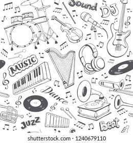 Music seamless pattern. Hand drawn musical instruments isolated on white background. Music elements vector illustration.