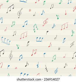 Music seamless pattern with handwritten musical notes 