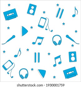 Music seamless pattern. Headphones, notes, music player, microphone, play, pause buttons, cassette blue icons. Vector background.
