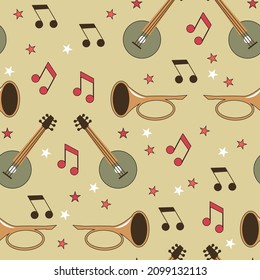 Music. Seamless pattern with musical instruments and notes. Rock n roll jazz and rock. Vector image.