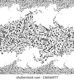 Music seamless pattern with notes, horizontal composition, black and white vector background.