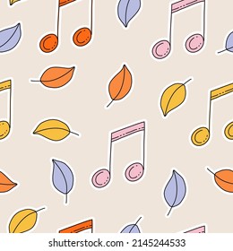 Music seamless pattern with notes. Positive, Groovy, Hippie style stickers. Retro 60s, 70s style. Background, wallpaper, textile design for children, kids. Cartoon pattern design. 