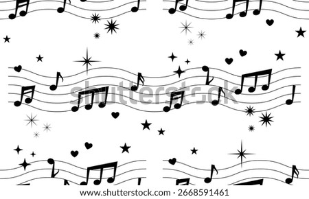Music seamless pattern with notes and stars. Musical Notes design, Songs, Melodies flat vector background