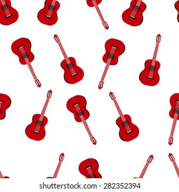 Music seamless pattern with red classic guitars vector illustration