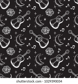 Music Seamless pattern. Romantic background with Guitar, Music Notes, Moon, Flower rose