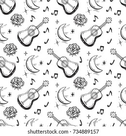 Music Seamless pattern. Romantic background with Guitar, Music Notes, Moon, Flower rose