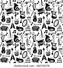 Musik nahtloses Muster. Vektorillustration Illustration. Endlose Textur kann für den Druck auf Stoff, Papier oder Schrott Buchung, Tapete, Musterfüllungen, Webseitenhintergrund, Oberflächenstruktur verwendet werden.