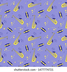 Music seamless pattern with yellow clipart saxophones, records, musical notes and stars isolatad on purple background. Vector illustration.