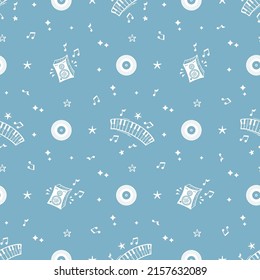 Music Seamless Vector Blue White Pattern. Doodle Speakers, Piano Keys Keyboard, Vinyl Records, Musical Notes and Stars.