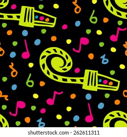 Music seamless vector Happy Birthday pattern. Music notes on black background. Hand drawn elements. Colorful.