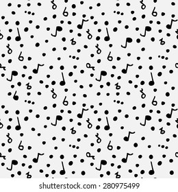 Music seamless vector Happy Birthday monochrome pattern. Music notes on white background. Hand drawn motives.