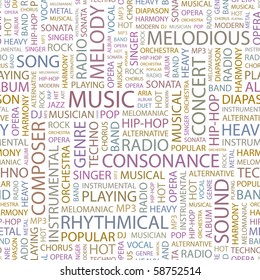 MUSIC. Seamless vector pattern with word cloud. Illustration with different association terms.