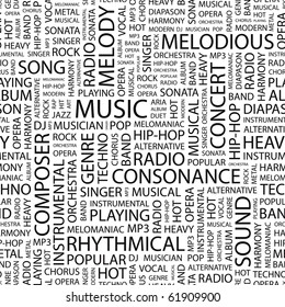 MUSIC. Seamless vector pattern with word cloud. Illustration with different association terms.