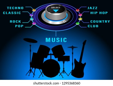 Music selest round control with colored bulbs , silhouette of drum set and electro guitar. Front and side view. Realistic Vector Illustration
