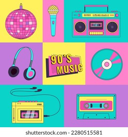 Music set 1990. Geometric poster with 90s devices in pop art style. Retro audio player, cassette, microphone, CD, disco ball. Flat vector illustration. Perfect for a social media, web design, cover.