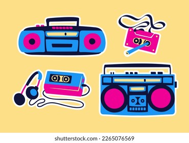 Music Set 80's-90's in Pop Art Style. Vector Illustration Music Player, Headphones, Audio Cassette, Boombox for Stickers, Logos, Prints, Patches and Social Media