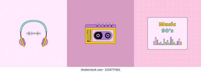 Music Set 90's in Pop Art Style. Vector Illustration Music Player, Headphones for Stickers, Logos, Prints, Patches and Social Media in Colorful Pink Background