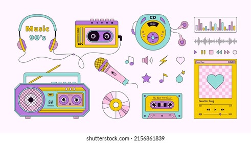 Music Set 90's in Pop Art Style  Vector Illustration Music Player  Headphones  Audio Cassette  CD Disk  Microphone  Boombox for Stickers  Logos  Prints  Patches   Social Media