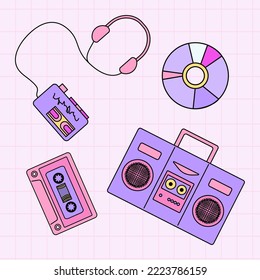 Música de los años 90 al estilo Pop Art. Reproductor musical de ilustración vectorial, audífonos, cassette de audio, disco CD, micrófono, caja de boom para pegatinas, logotipos, impresiones, parches y medios sociales