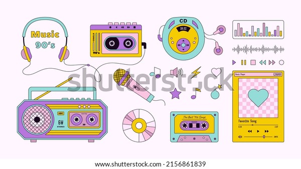 Music\
Set 90\'s in Pop Art Style. Vector Illustration Music Player,\
Headphones, Audio Cassette, CD Disk, Microphone, Boombox for\
Stickers, Logos, Prints, Patches and Social\
Media