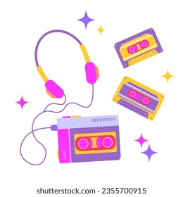 Music Set 90's. Vector Illustration Audio Cassette Player,  Cassettes and Headphones for Stickers, Logos, Prints, Patches and Social Media.