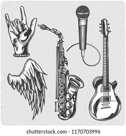 Music set. Black and white illustration. Isolated on light backgrond with grunge noise and frame.