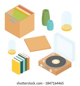 Music set with gramophone. Isometric vector illustration in flat design.