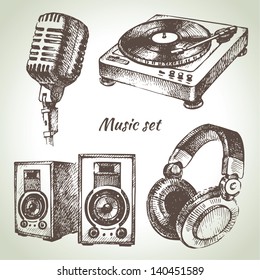 Conjunto de música. Ilustrações desenhadas à mão de ícones de Dj