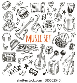 Music set. Hand drawn musical instruments for your design. Synthesizer, bass guitar, domra, gramophone,  bagpipe, microphone, vinyl, maracas, cassette, piano and other.