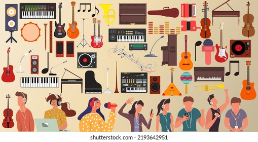 Music set icon design instrument and note symbol. Musical sign element and isolated equipment vector illustration. Sound object collection acoustic guitar, piano, trumpet. Audio cartoon entertainment