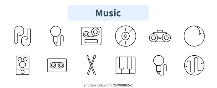 Music set icon. Earphones, microphone, tape reel, CD, boombox, volume knob, speaker system, cassette tape, drumsticks, piano, podcast mic, equalizer