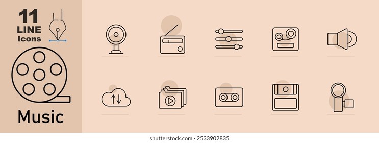 Musikset-Symbol. Filmrolle, Festplatte, Cloud Sync, Lautsprecher, Kamera, Radio, Kassette, Ordner mit Video, Steuerschieber, Bandrecorder.