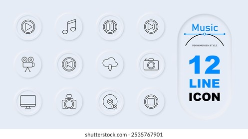 Music set icon. Film reel, hard drive, cloud sync, speaker, camera, radio, cassette, folder with video, control sliders, tape recorder.