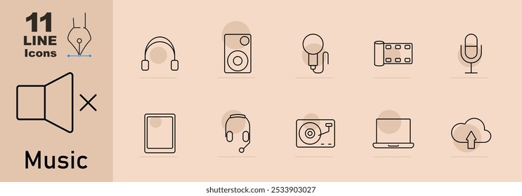 Icono de conjunto de música. Auriculares, altavoz, micrófono, carrete de audio, sonido apagado, tableta, auriculares, tocadiscos, portátil, Cargar de notas de música, micrófono de estudio