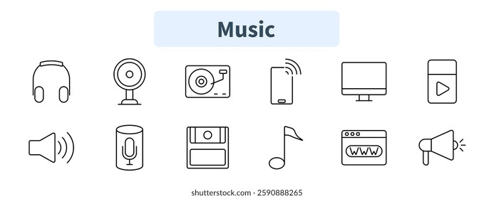 Music set icon. Headphones, webcam, vinyl record, smartphone audio, computer, video play, volume control, microphone, cassette, music note, browser, speaker.