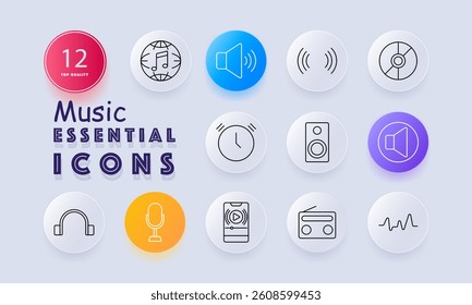 Music set icon. Includes globe music, disc, speaker, headphones, clock, microphone, radio, waveform, sound waves, volume icon in various forms