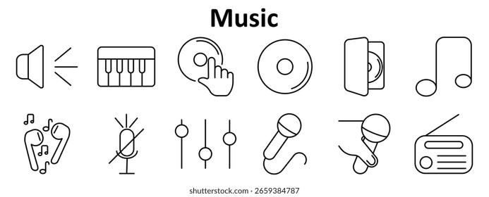 Ícone de conjunto de músicas. Inclui alto-falante, teclas de piano, CD com a mão, CD compacto, CD em caso, nota musical, fones de ouvido com notas, microfone silenciado, controles deslizantes de som, dois microfones, rádio.