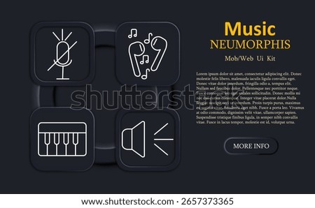 Music set icon. Muted microphone, musical notes with earbuds, keyboard, speaker in neumorphic outline style for instrument, voice, playback, audio control UI