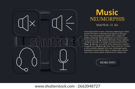 Music set icon. Muted speaker, loud speaker, headset, microphone in neumorphic outline style for audio settings, communication, podcast or streaming UI