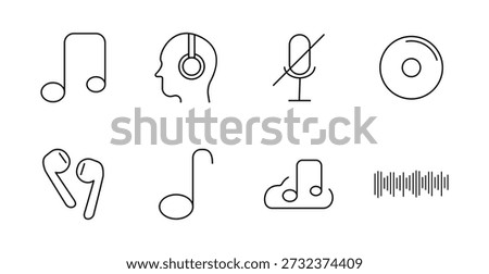 Music set icon. Note, headphones, mute mic, disc, earbuds, streaming, soundwave, cloud, listening, rhythm, song, audio, playback, melody, media, playlist.
