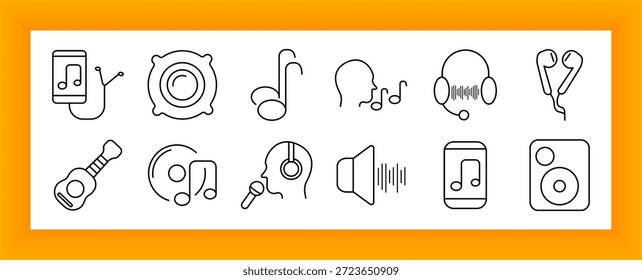 Ícone de conjunto de músicas. Player, note, headset, alto-falante, som, cantar, microfone, guitarra, app, dispositivo, áudio, fones de ouvido, ouvir, voz, melodia