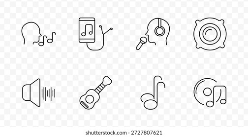 Ícone de conjunto de músicas. Face de canto, dispositivo com cabo de música, cantor com fones de ouvido, alto-falante, onda de som, guitarra, nota, vinil com notas, tudo em estilo audiovisual.