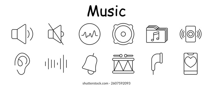 Music set icon. Speaker, mute, audio wave, woofer, folder, stream, ear, sound bar, bell, drum, headphone, phone app. Audio control, sound system, notification, listening