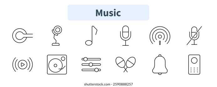 Music set icon. Turntable, webcam, note, microphone, radio signal, mute mic, play button, vinyl, equalizer, maracas, bell, phone.