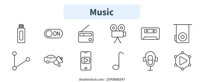 Music set icon. USB drive, power switch, radio, video camera, cassette, music player, network, car speaker, mobile streaming, music note, headphones, play button.