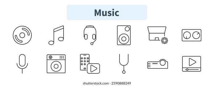 Music set icon. Vinyl record, music note, headset, speaker, DJ equipment, equalizer, microphone, turntable, smartphone playlist, stethoscope, projector, video player.