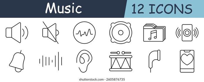 Music set icon. Volume, mute, waveform, speaker, folder, player, bell, bar, ear, drum, horn, mobile